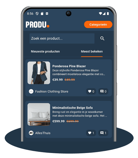 ProductenZoeken Elegant fashion clothing shop app interface displaying product listings with prices and discounts, optimized for online shopping and e-commerce sales.