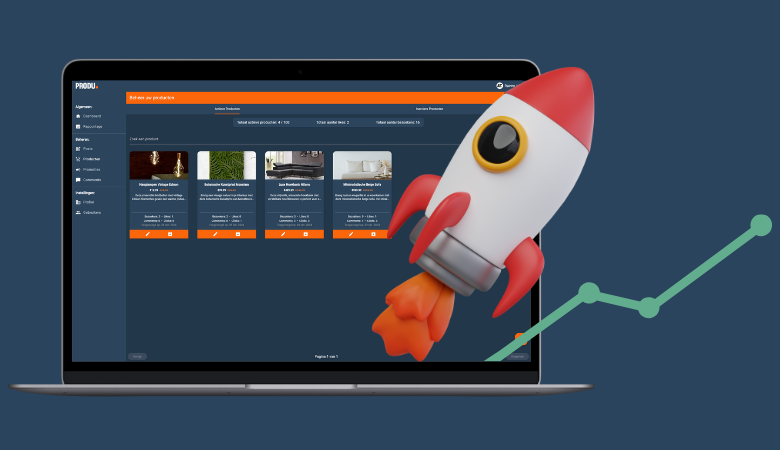 ProduLaptopPromo Produapp platform op laptop met een raketillustratie, gericht op online productbeheer en groei via e-commerce oplossingen.
